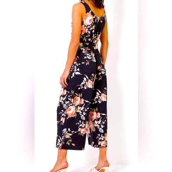 Papillon Navy Floral Jumpsuit With V Boni Neck Cropped Wide Leg Tie Belt Size L - Picture 3 of 16